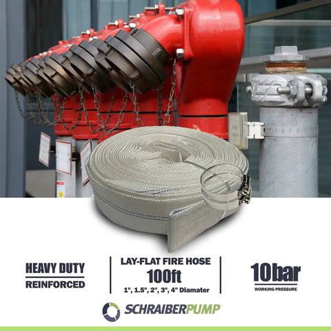 Heavy Duty 4 Inch Fire Hose 100 Ft Roll White With Red Or Blue Stripe 100 Percent Polyurethane next to red hydrant