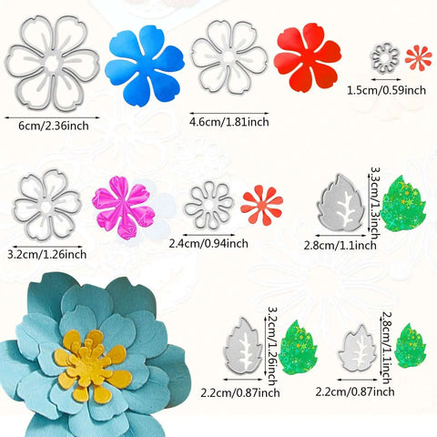 Dope 14 Piece Flower Leaves Metal Cutting Dies Set With 14 Styles for DIY Crafts and Scrapbooking, carbon steel, size labels visible