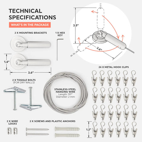 Technical specifications of Wire Curtain Hanging System With 16Ft Stainless Steel Room Divider Rod And 24 Alligator Clips