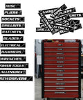 Built Tough Metal Magnetic Tool Box Labels Set for Heavy Duty Tool Chests, Drawer Organization and Garage Storage displayed on red tool chest
