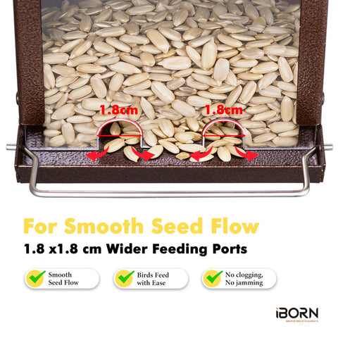 Weatherproof Metal Wall Mounted Bird Feeder With Heavy Duty Roof And Detachable Easy Clean System Screwed In Mounting For Outdoors Perfect For Trees Fences Or Walls 1.3 Lb Capacity Durable Outdoor Bird Feeder showing wider feeding ports with sunflower seeds.