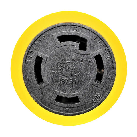 Heavy Duty Generator Adapter Nema 5 15P To L14 30R Twist Lock Connector view showing yellow outer shell and black connector details.