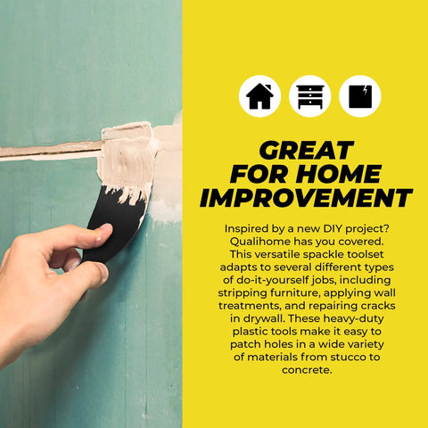 Six Piece Putty Knife Set With Flexible Scrapers For Spackling Patching And Painting Perfect For DIY Home Improvement Projects shown in use on drywall