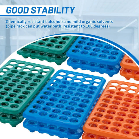 Plastic Test Tube Rack With Silicone Pad For 5mL 10mL And 15mL Vials 50 Hole Detachable Lab Tube Holder Centrifuge Rack Top Notch Durable Plastic Blue Lab Workhorse, shown in blue, green, and orange colors for stability.