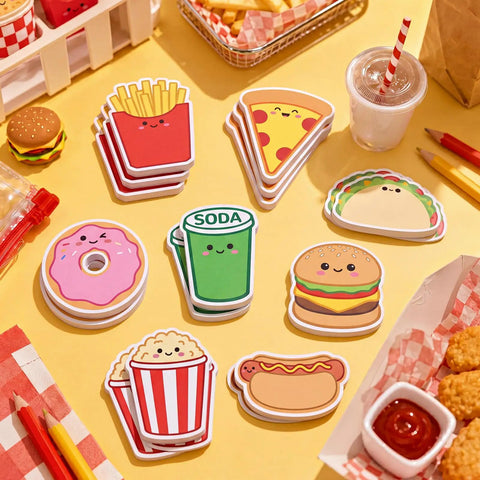 Fast Food Themed Sticky Note Set With 8 Junk Food Shapes, 24 Self Adhesive Note Pads, Cute Desk Supplies For Classrooms