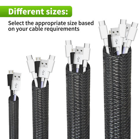 Split Wire Loom One Half Inch 50 Feet Braided Cable Sleeve For Cable Management And Pet Safe Protection shown in various sizes