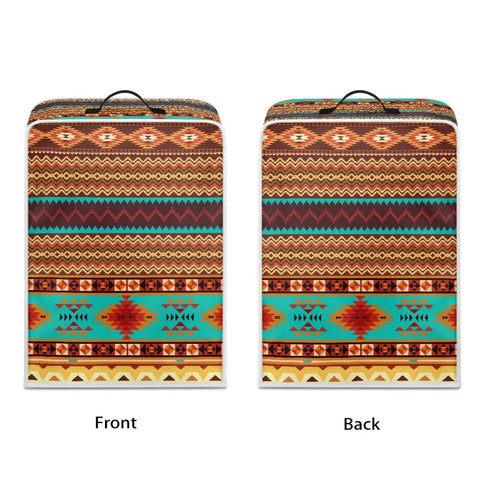 Real Deal Native American Geometric Stripe Waterproof Dust Cover for appliances, front and back view, 13.6x10.2x14 inches.