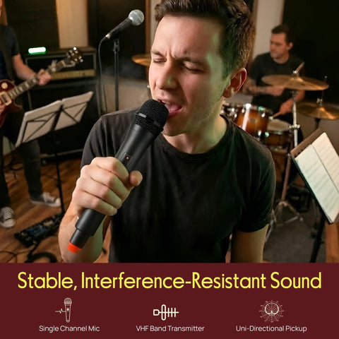 Man singing into VHF Cordless Wireless Microphone System For Karaoke Nights DJ Parties And PA Use Battery Powered Handheld Dynamic Unidirectional Mic Transmitter Kit With Receiver And Adapter Black.