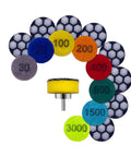 1 Inch Mini Diamond Polishing Pad Set, 9 Piece Wet Dry Polishing Kit With 30 To 3000 Grit in various colors, with hook and loop backing and shank holder