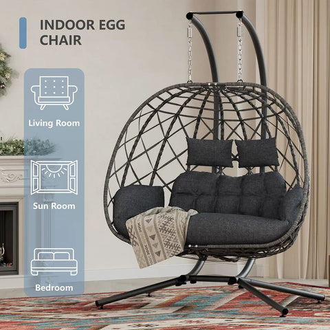Two Person Double Egg Swing Chair With Stand For Outdoor And Indoor Hangout Cozy Cushions And Headrests Weatherproof Wicker