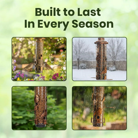 Image showing a squirrel-proof outdoor bird feeder with large 3-pound capacity, weather-resistant tube, and anti-squirrel weights