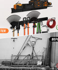 Comparison image with tools organized on Heavy Duty Steel Garage Tool Wall Rack With Shelves And 6 Hooks, and cluttered before.