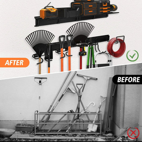 Comparison image with tools organized on Heavy Duty Steel Garage Tool Wall Rack With Shelves And 6 Hooks, and cluttered before.