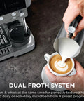Brew Like A Pro At Home With This Triple Threat Espresso And Drip Coffee Maker Featuring Rapid Cold Brew Options Alongside Reliable Dual Shot Settings In Sleek Gunmetal Finish, showcasing dual froth system with milk pour.