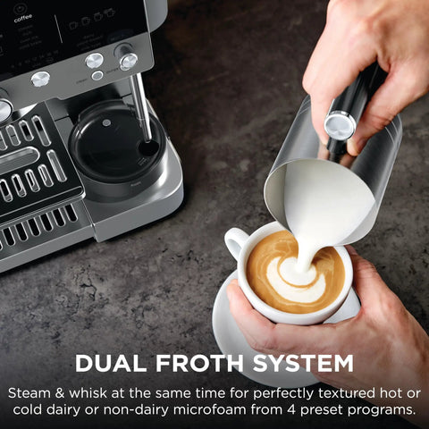 Brew Like A Pro At Home With This Triple Threat Espresso And Drip Coffee Maker Featuring Rapid Cold Brew Options Alongside Reliable Dual Shot Settings In Sleek Gunmetal Finish, showcasing dual froth system with milk pour.