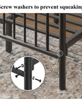 Close-up of Queen Metal Bed Frame With Classical Headboard And Footboard Matte Black Steel Platform Bed featuring screw washers.