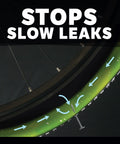 Bike Tube Puncture Repair Sealant For All Bicycles Eight Ounce Bottle Non Toxic Eco Friendly Quick Seals Punctures Up To One Eighth Inch image showing stop slow leaks text and puncture sealing process