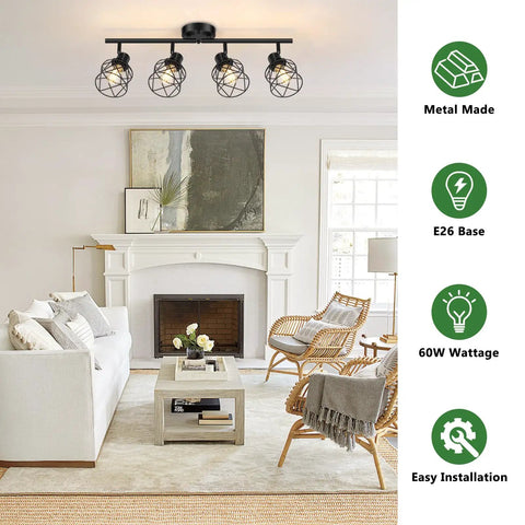 Four Light Semi Flush Mount Ceiling Light With Dope Rotatable Track Heads And Metal Cage Adjustable Arm Design in living room