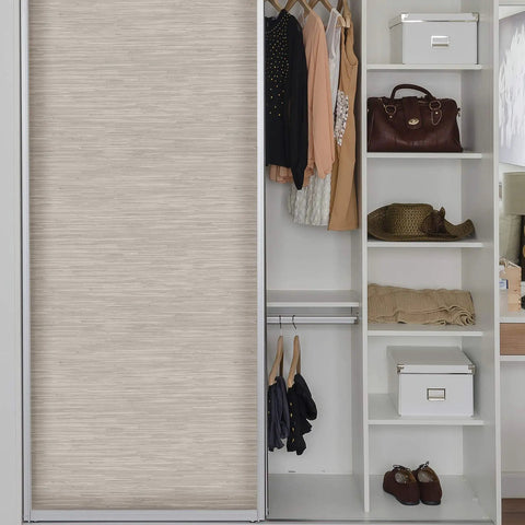 Cream Vinyl Grassweave Peel And Stick Wallpaper For Easy DIY Accent Walls Repositionable And No Mess Safe On Painted Walls Quick Remove Without Damage Ideal For Renters used as sliding closet door covering