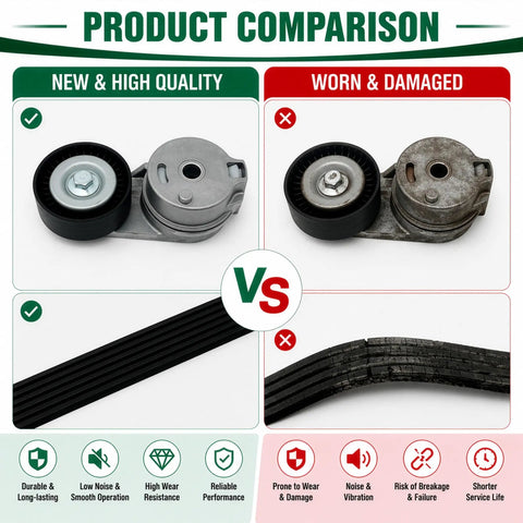 Comparison of new vs worn Dodge Ram Belt Tensioner With Belt And Idler Pulley Kit Fits 2009 2010 2011 2012 2014 2016 2018 V8 5.7L And 6.4L For Ram 1500 2500 3500 4500 5500 Replacement Plug And Play