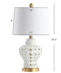 White Pierced Ginger Jar Ceramic LED Table Lamp With Dope Modern Glam Quatrefoil Fretwork, 20.5 Inch Tall White Linen Shade