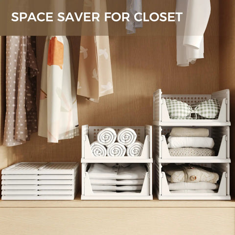 Six Pack Stackable Closet Organizers Bins For Clothes Plastic Drawer Baskets For Wardrobe Shelf Storage Containers For Bedroom Bathroom Office White