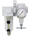 Air Filter Regulator Combo Three Quarter Inch NPT With T Handle Manual Drain Heavy Duty Metal Bowl Ten Micron Element Zero To One Hundred Fifty Psi Gauge And Mounting Bracket front view.
