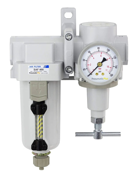 Air Filter Regulator Combo Three Quarter Inch NPT With T Handle Manual Drain Heavy Duty Metal Bowl Ten Micron Element Zero To One Hundred Fifty Psi Gauge And Mounting Bracket front view.