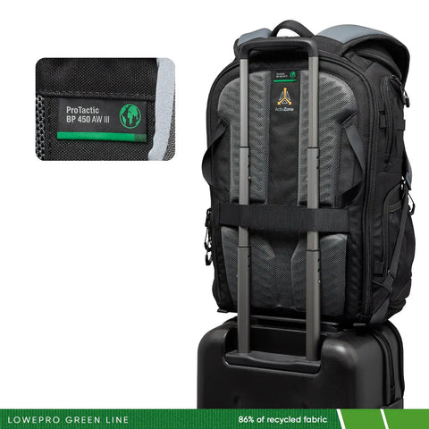 ProTactic BP 450 AW III Camera Backpack with 4 point quick access on suitcase, showing recycled fabric label