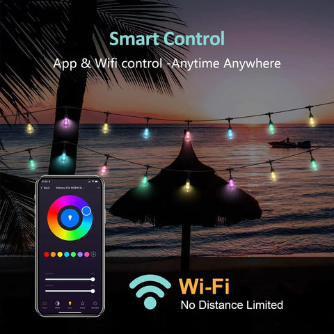 Smart Outdoor String Lights With App Control And WiFi, 72.5Ft RGB LEDs, 22 Bulbs, hanging over a waterfront at sunset