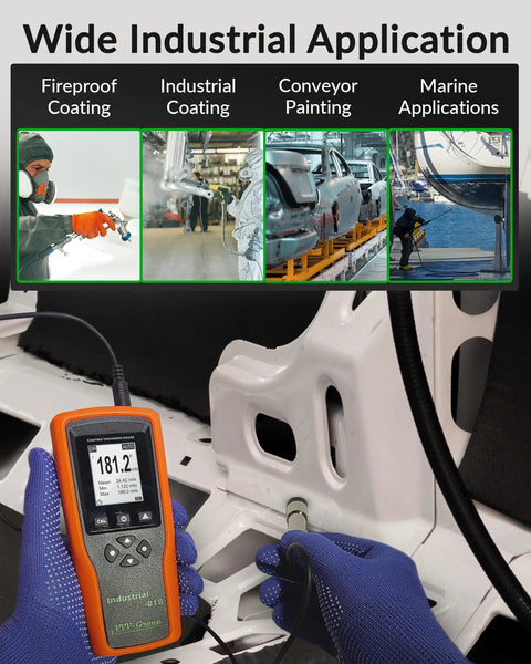 Industrial-Grade Coating Thickness Gauge With External Probe For Marine And Steelwork, Measures 0-197 mil (0-5000 microns) Fe And 0-120 mil (0-3000 microns) NFe, 0.001 mil Resolution, Factory, Zero, And Multi-Point Calibration, PC Connectivity, used on coated metal