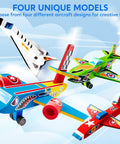 Four colorful wooden airplanes from the All In One DIY Wooden Airplane Craft Kit For Kids Ages 6 To 12 Totally Kid Friendly Build Four Aircraft And Paint With Six Paint Tubs Two Brushes And Stickers Easy To Follow Instructions Great Birthday Gift For Young Builders.