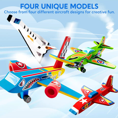Four colorful wooden airplanes from the All In One DIY Wooden Airplane Craft Kit For Kids Ages 6 To 12 Totally Kid Friendly Build Four Aircraft And Paint With Six Paint Tubs Two Brushes And Stickers Easy To Follow Instructions Great Birthday Gift For Young Builders.