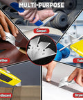 Various uses of Beefy Heavy Duty Utility Knife Blades 100 Pack SK5 Steel Box Cutter Refills with Storage Case for Drywall and other materials.