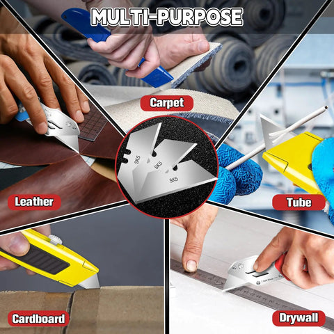 Various uses of Beefy Heavy Duty Utility Knife Blades 100 Pack SK5 Steel Box Cutter Refills with Storage Case for Drywall and other materials.