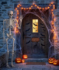 Life Size Skeleton Five Point Four Foot Poseable Full Body Halloween Prop with Movable Joints by decorated door