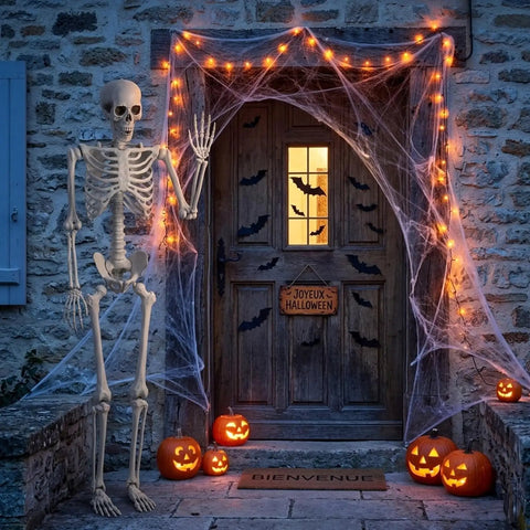 Life Size Skeleton Five Point Four Foot Poseable Full Body Halloween Prop with Movable Joints by decorated door