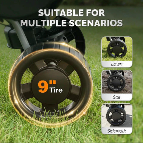 Close-up of 9 inch tire suitable for multi-terrain, part of 70 Lb Fertilizer Spreader With 15 Adjustable Drop Rate.