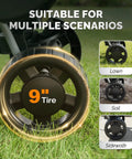 9-inch tire detail of 70 Pound Capacity Fertilizer Spreader With 15 Adjustable Drop Rates No Fuss Pre Assembled Walk Behind Broadcast Spreader