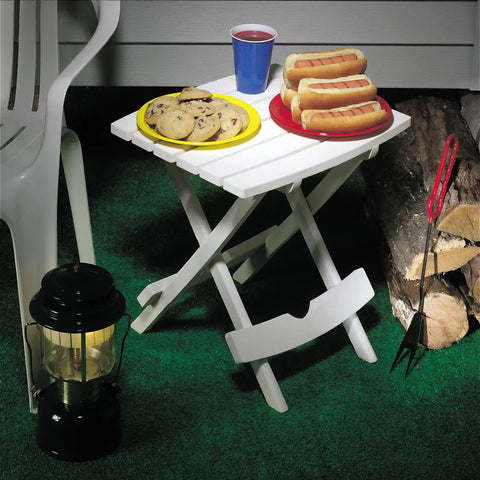 Quik-Fold Plastic Side Tables 2 Pack White with snacks and drink, outdoor setup with foldable design for easy storage