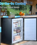 Compact Upright Freezer 3 Cu Ft Mini Standalone Cooler With Three Pull Down Drawers And Adjustable Thermostat showing open door with food.