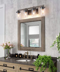 Farmhouse Vanity Light Fixture With Faux Wood Finish And Clear Glass Shades, 4 Light Rustic Industrial Style, distressed black backing
