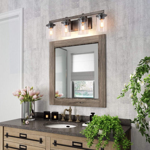 Farmhouse Vanity Light Fixture With Faux Wood Finish And Clear Glass Shades, 4 Light Rustic Industrial Style, distressed black backing