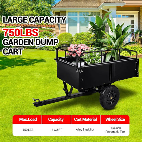 Beefy 750 Lbs Capacity ATV Dump Cart With Quick Release Dump in garden setting, steel trailer, removable sides visible