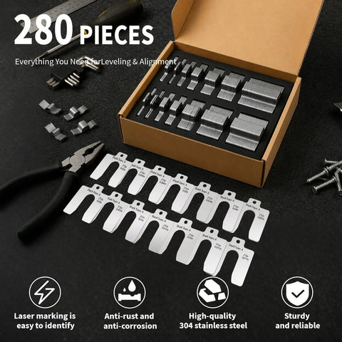 Top Shelf 280Pcs 304 Stainless Steel Shim Kit 2X2 Inch assorted washers in a box for precision measurement and alignment.