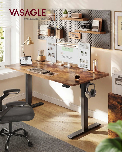 Electric Sit To Stand Desk With Height Adjustability, 55.1 By 27.6 Inches, Four Memory Presets, Rustic Brown Finish in home office