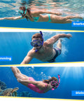 Dry-Top Snorkeling Gear Set With 180 Degree Panoramic HD Vision Mask in use for snorkeling, swimming, and diving underwater