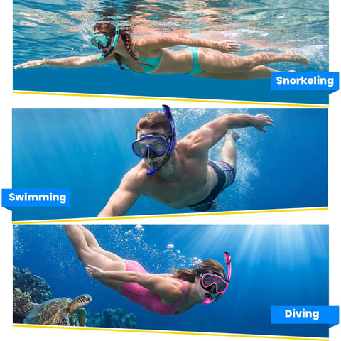 Dry-Top Snorkeling Gear Set With 180 Degree Panoramic HD Vision Mask in use for snorkeling, swimming, and diving underwater