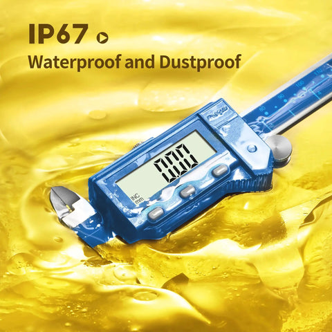 8 Inch Digital Caliper Stainless Steel IP67 Coolant Proof With 200mm Range submerged in yellow liquid showing LCD display
