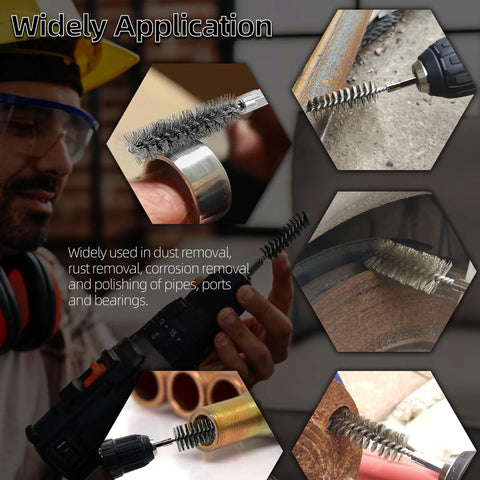 12 Piece Stainless Steel Bore Brush Set For Drill With 1/4 Inch Hex Shank used for rust removal and cleaning bores